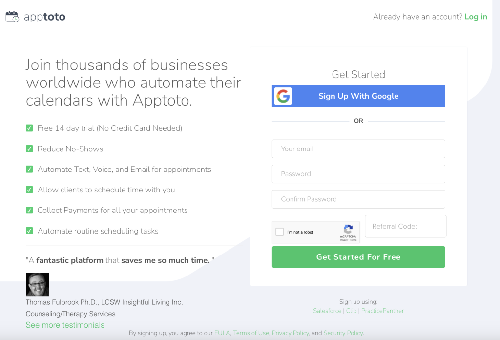 Apptoto signup screen where users can activate a new Apptoto account.